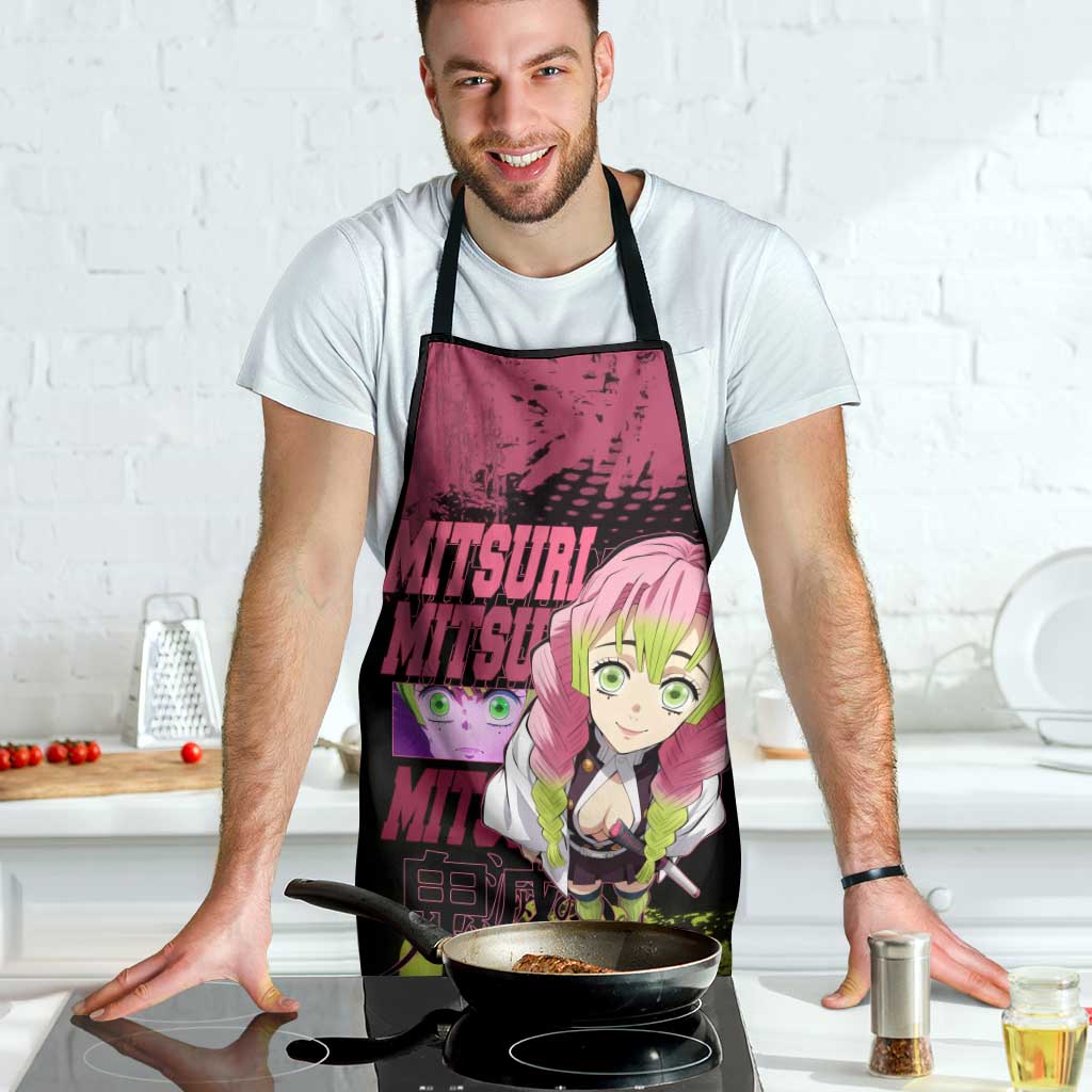 Mitsuri Kanroji Demon Slayer Pink and Green Grunge Design Apron with Heart Eyes and Playful Pose - The Mazicc