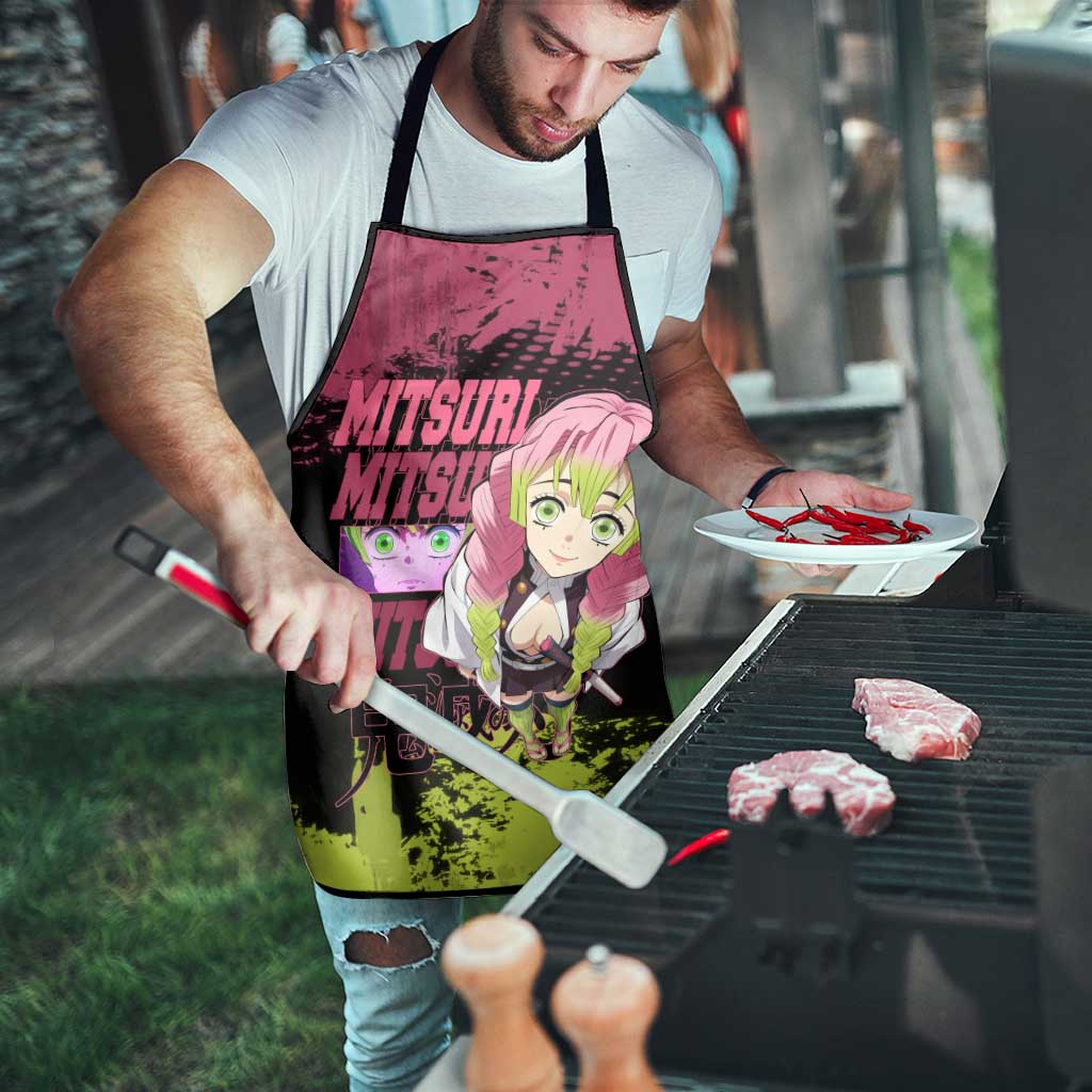 Mitsuri Kanroji Demon Slayer Pink and Green Grunge Design Apron with Heart Eyes and Playful Pose - The Mazicc