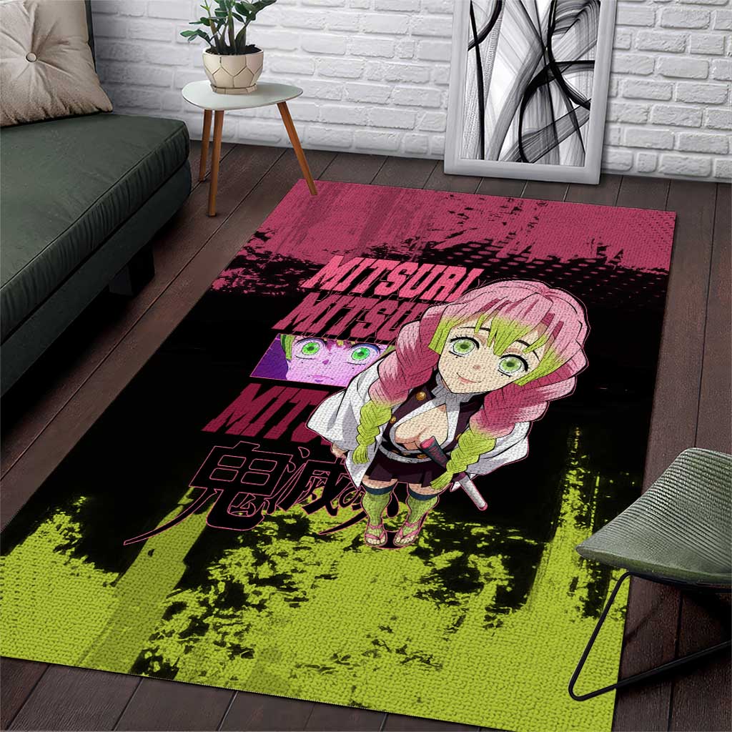 Mitsuri Kanroji Demon Slayer Pink and Green Grunge Design Area Rug with Heart Eyes and Playful Pose - The Mazicc