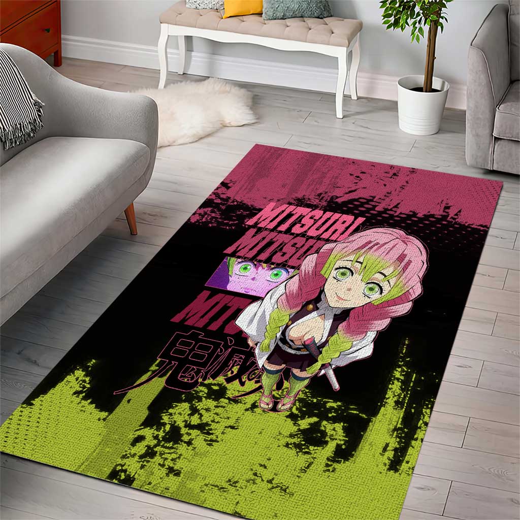 Mitsuri Kanroji Demon Slayer Pink and Green Grunge Design Area Rug with Heart Eyes and Playful Pose - The Mazicc
