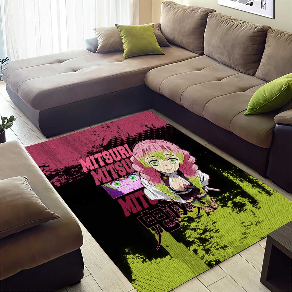 Mitsuri Kanroji Demon Slayer Pink and Green Grunge Design Area Rug with Heart Eyes and Playful Pose - The Mazicc