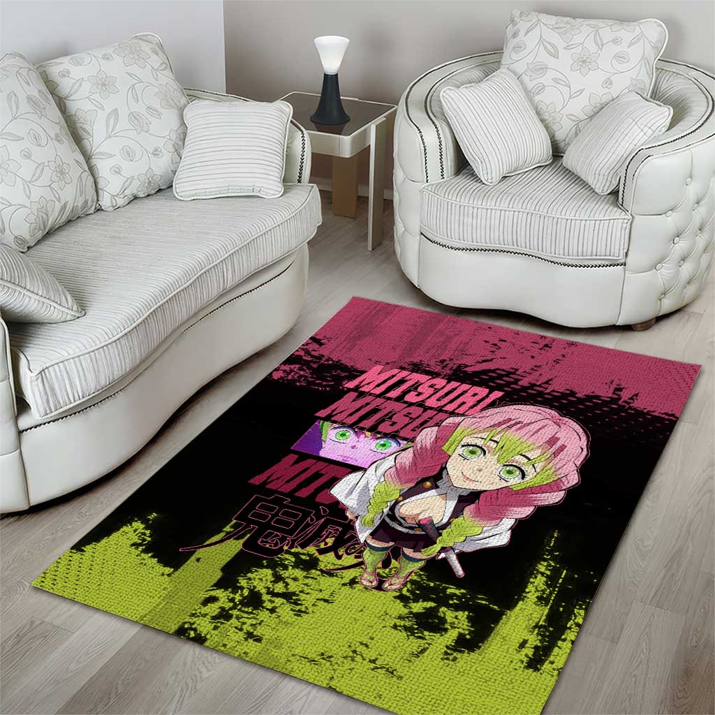 Mitsuri Kanroji Demon Slayer Pink and Green Grunge Design Area Rug with Heart Eyes and Playful Pose - The Mazicc