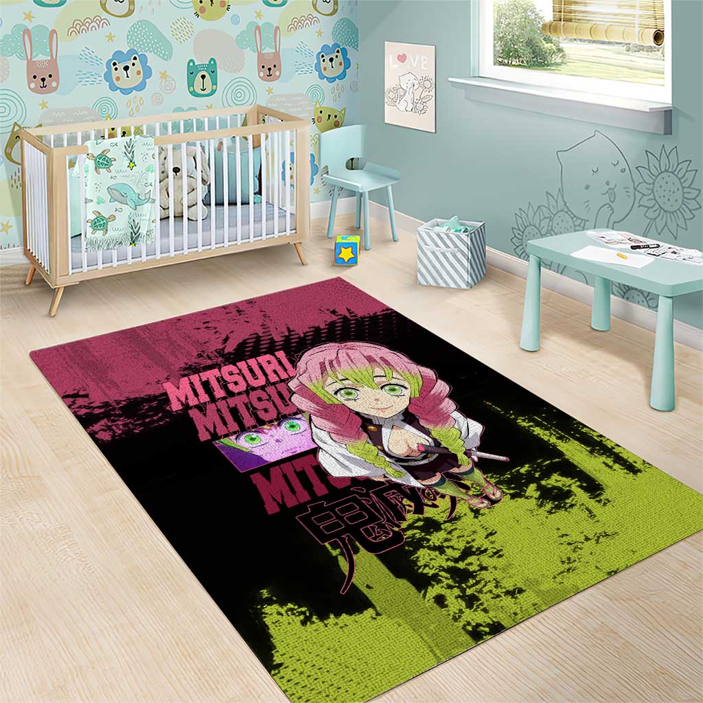 Mitsuri Kanroji Demon Slayer Pink and Green Grunge Design Area Rug with Heart Eyes and Playful Pose - The Mazicc