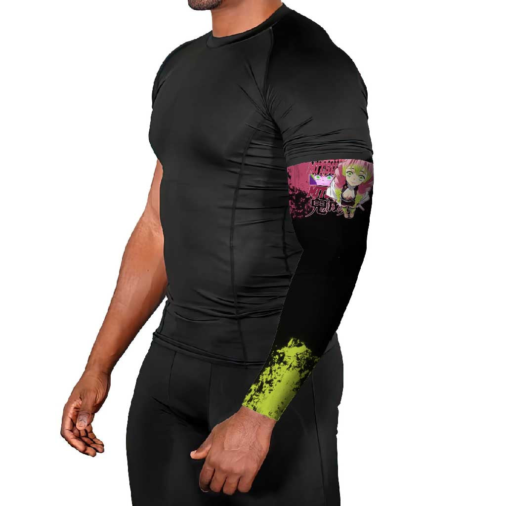 Mitsuri Kanroji Demon Slayer Pink and Green Grunge Design Arm Sleeves with Heart Eyes and Playful Pose - The Mazicc