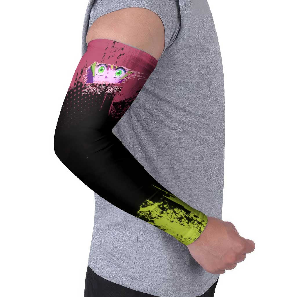 Mitsuri Kanroji Demon Slayer Pink and Green Grunge Design Arm Sleeves with Heart Eyes and Playful Pose - The Mazicc