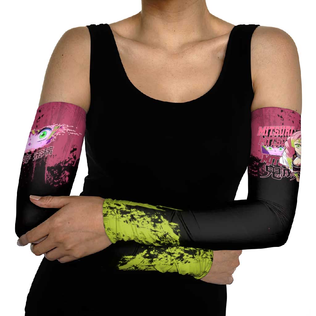 Mitsuri Kanroji Demon Slayer Pink and Green Grunge Design Arm Sleeves with Heart Eyes and Playful Pose - The Mazicc