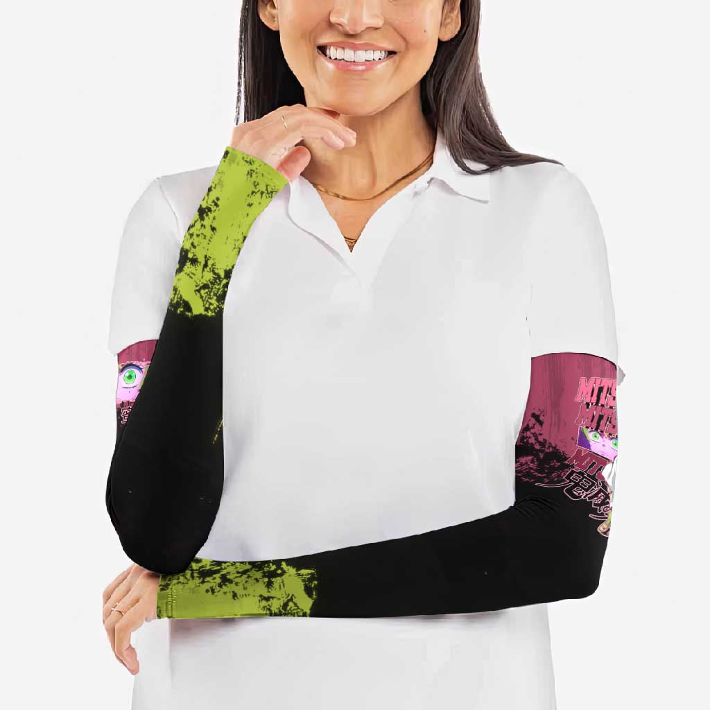 Mitsuri Kanroji Demon Slayer Pink and Green Grunge Design Arm Sleeves with Heart Eyes and Playful Pose - The Mazicc