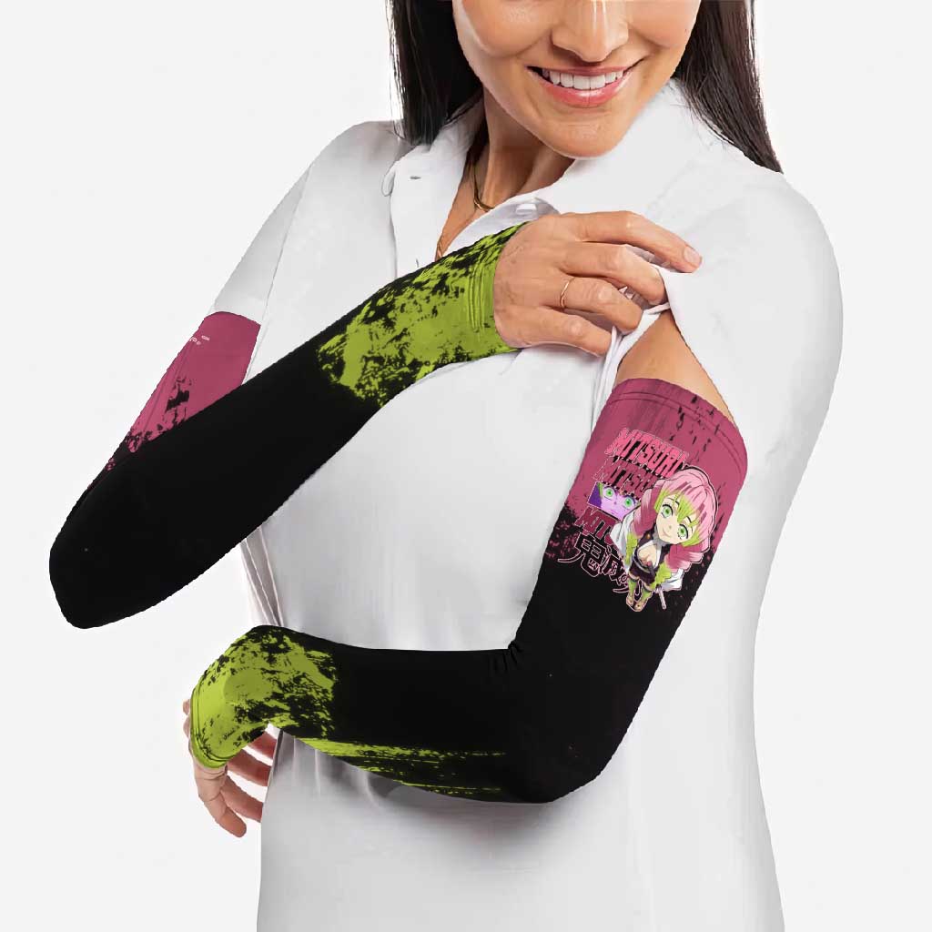 Mitsuri Kanroji Demon Slayer Pink and Green Grunge Design Arm Sleeves with Heart Eyes and Playful Pose - The Mazicc