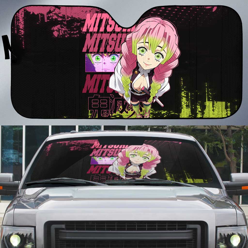 Mitsuri Kanroji Demon Slayer Pink and Green Grunge Design Auto Sun Shade with Heart Eyes and Playful Pose - The Mazicc