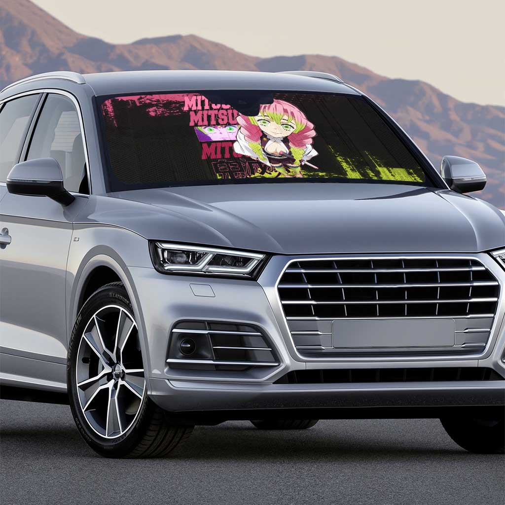 Mitsuri Kanroji Demon Slayer Pink and Green Grunge Design Auto Sun Shade with Heart Eyes and Playful Pose - The Mazicc