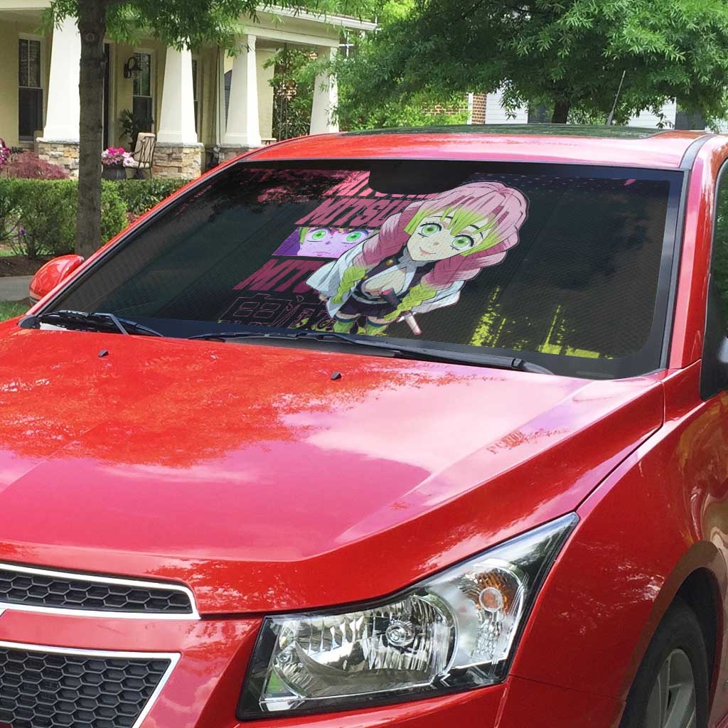 Mitsuri Kanroji Demon Slayer Pink and Green Grunge Design Auto Sun Shade with Heart Eyes and Playful Pose - The Mazicc