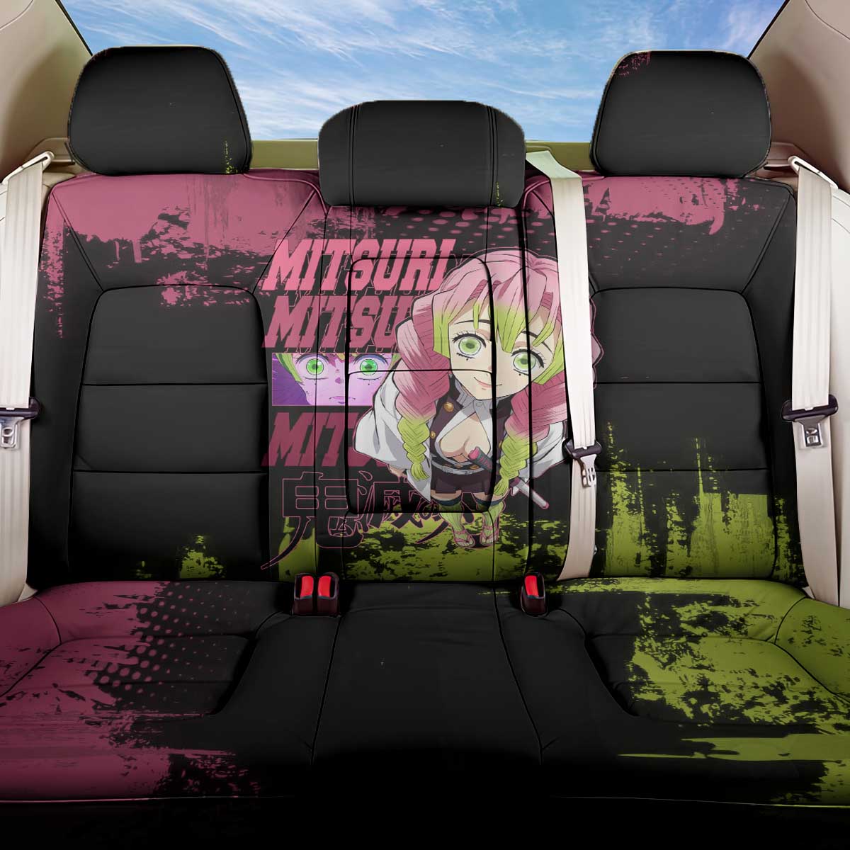 Mitsuri Kanroji Demon Slayer Pink and Green Grunge Design Back Car Seat Cover with Heart Eyes and Playful Pose - The Mazicc