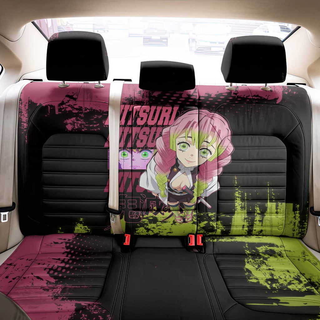 Mitsuri Kanroji Demon Slayer Pink and Green Grunge Design Back Car Seat Cover with Heart Eyes and Playful Pose - The Mazicc