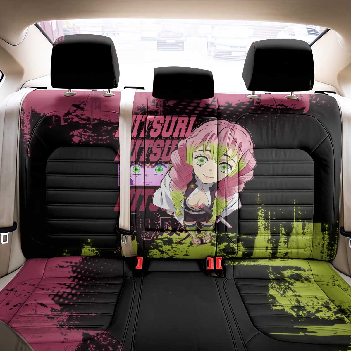 Mitsuri Kanroji Demon Slayer Pink and Green Grunge Design Back Car Seat Cover with Heart Eyes and Playful Pose - The Mazicc