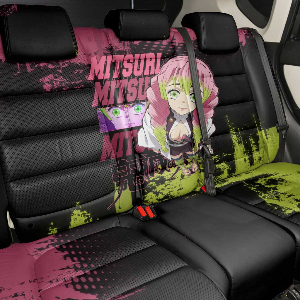 Mitsuri Kanroji Demon Slayer Pink and Green Grunge Design Back Car Seat Cover with Heart Eyes and Playful Pose - The Mazicc