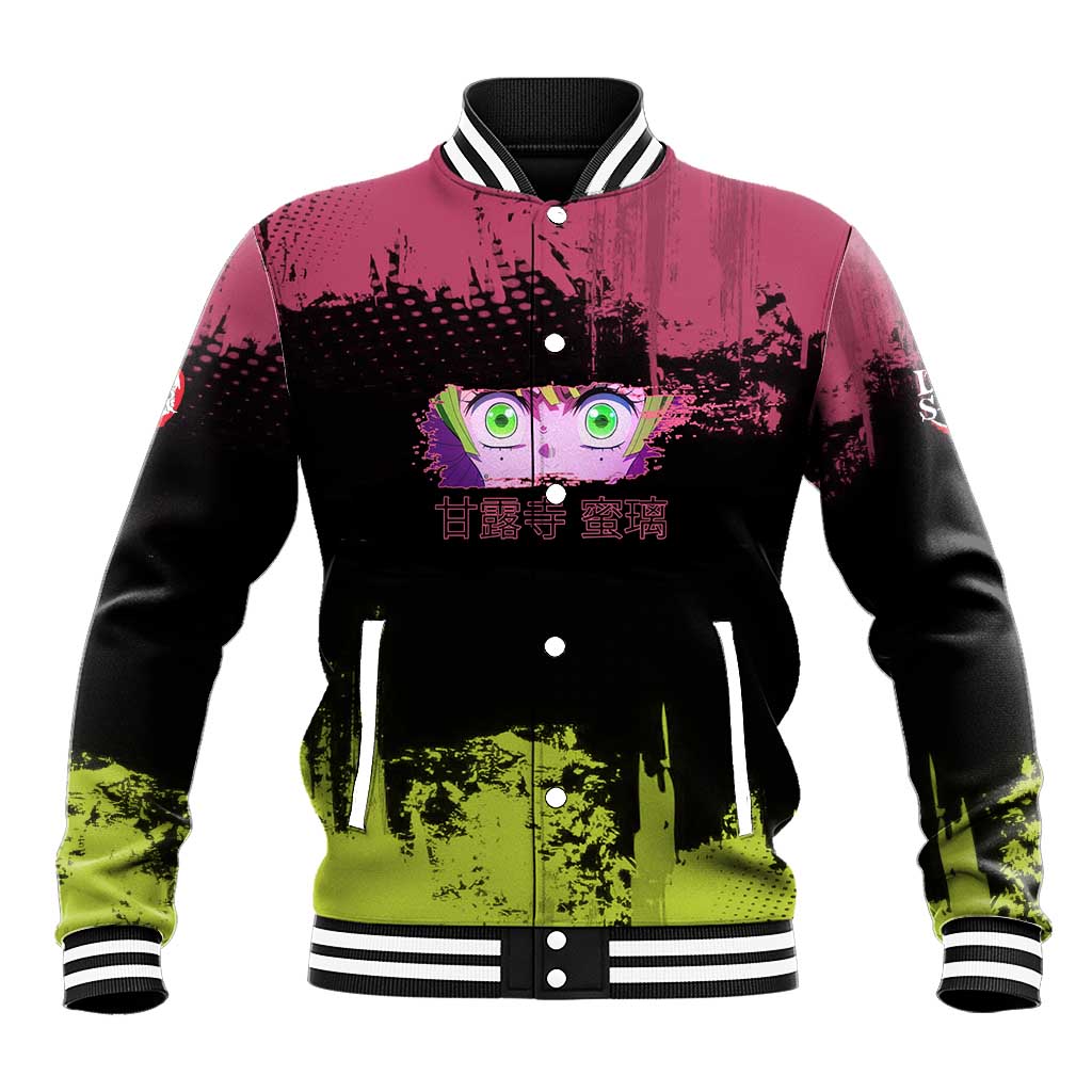 Mitsuri Kanroji Demon Slayer Pink and Green Grunge Design Baseball Jacket with Heart Eyes and Playful Pose - The Mazicc