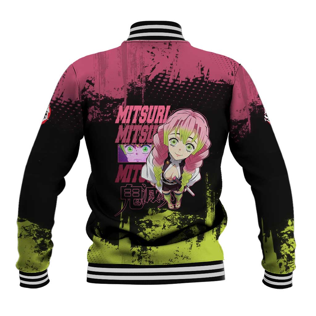 Mitsuri Kanroji Demon Slayer Pink and Green Grunge Design Baseball Jacket with Heart Eyes and Playful Pose - The Mazicc