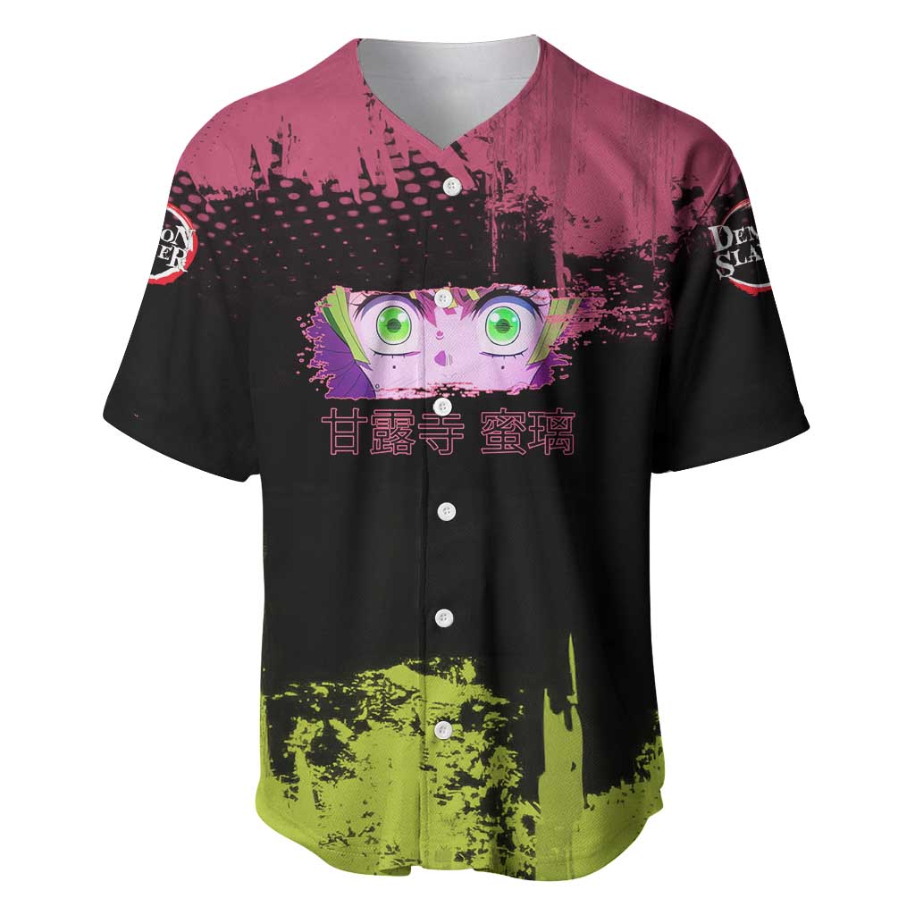 Mitsuri Kanroji Demon Slayer Pink and Green Grunge Design Baseball Jersey with Heart Eyes and Playful Pose - The Mazicc