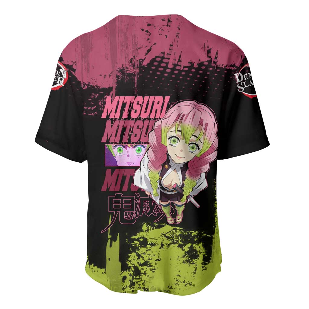 Mitsuri Kanroji Demon Slayer Pink and Green Grunge Design Baseball Jersey with Heart Eyes and Playful Pose - The Mazicc