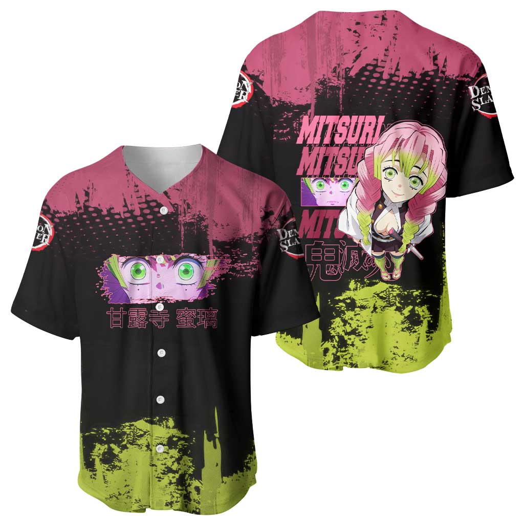 Mitsuri Kanroji Demon Slayer Pink and Green Grunge Design Baseball Jersey with Heart Eyes and Playful Pose - The Mazicc