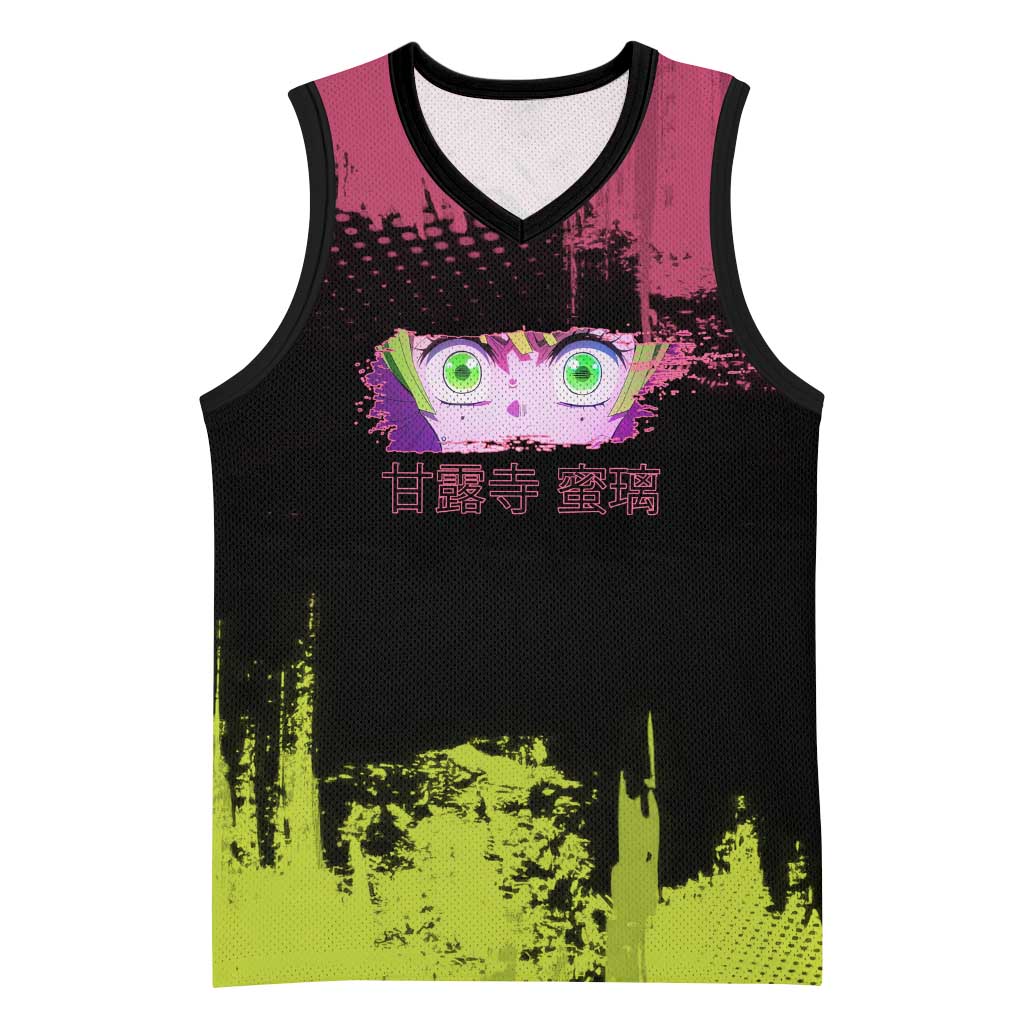 Mitsuri Kanroji Demon Slayer Pink and Green Grunge Design Basketball Jersey with Heart Eyes and Playful Pose - The Mazicc