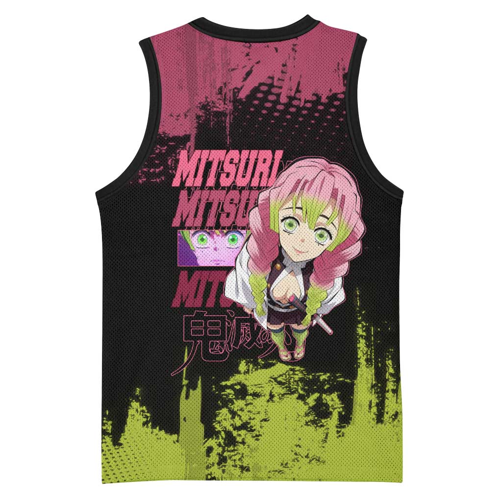 Mitsuri Kanroji Demon Slayer Pink and Green Grunge Design Basketball Jersey with Heart Eyes and Playful Pose - The Mazicc