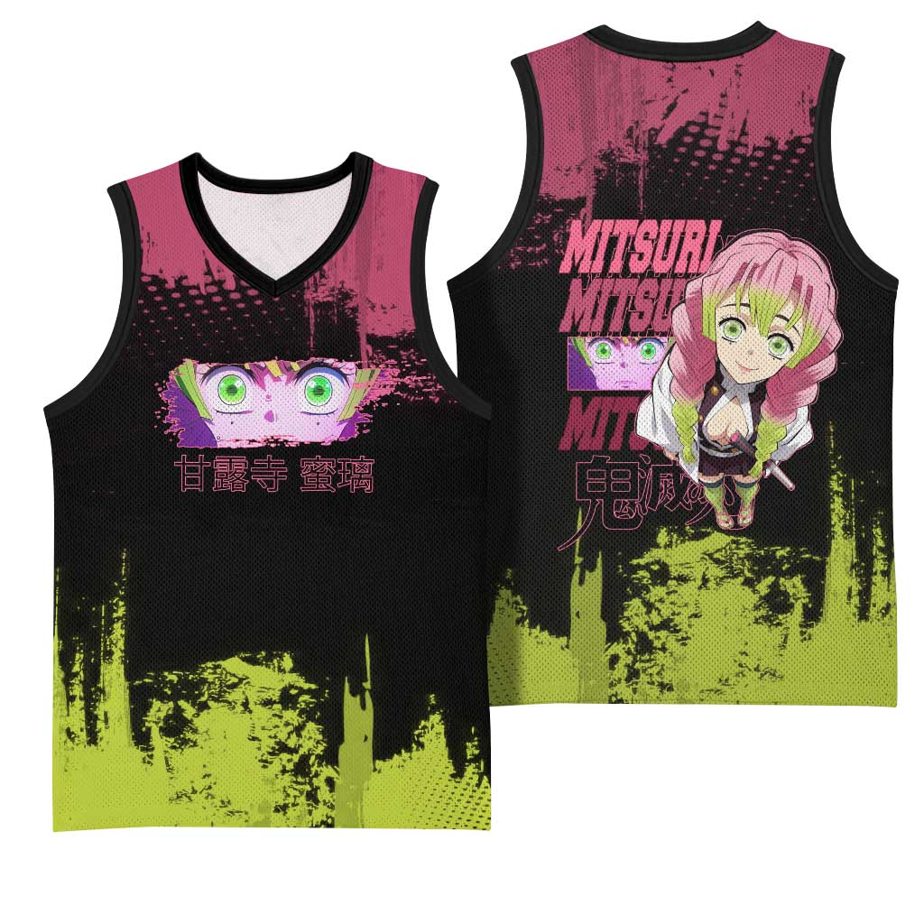 Mitsuri Kanroji Demon Slayer Pink and Green Grunge Design Basketball Jersey with Heart Eyes and Playful Pose - The Mazicc