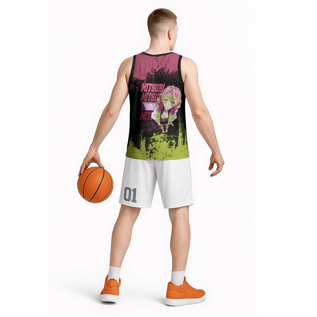 Mitsuri Kanroji Demon Slayer Pink and Green Grunge Design Basketball Jersey with Heart Eyes and Playful Pose - The Mazicc