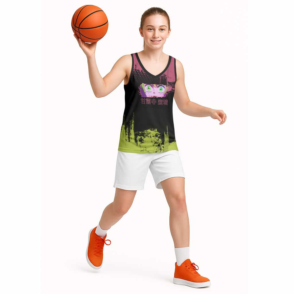 Mitsuri Kanroji Demon Slayer Pink and Green Grunge Design Basketball Jersey with Heart Eyes and Playful Pose - The Mazicc