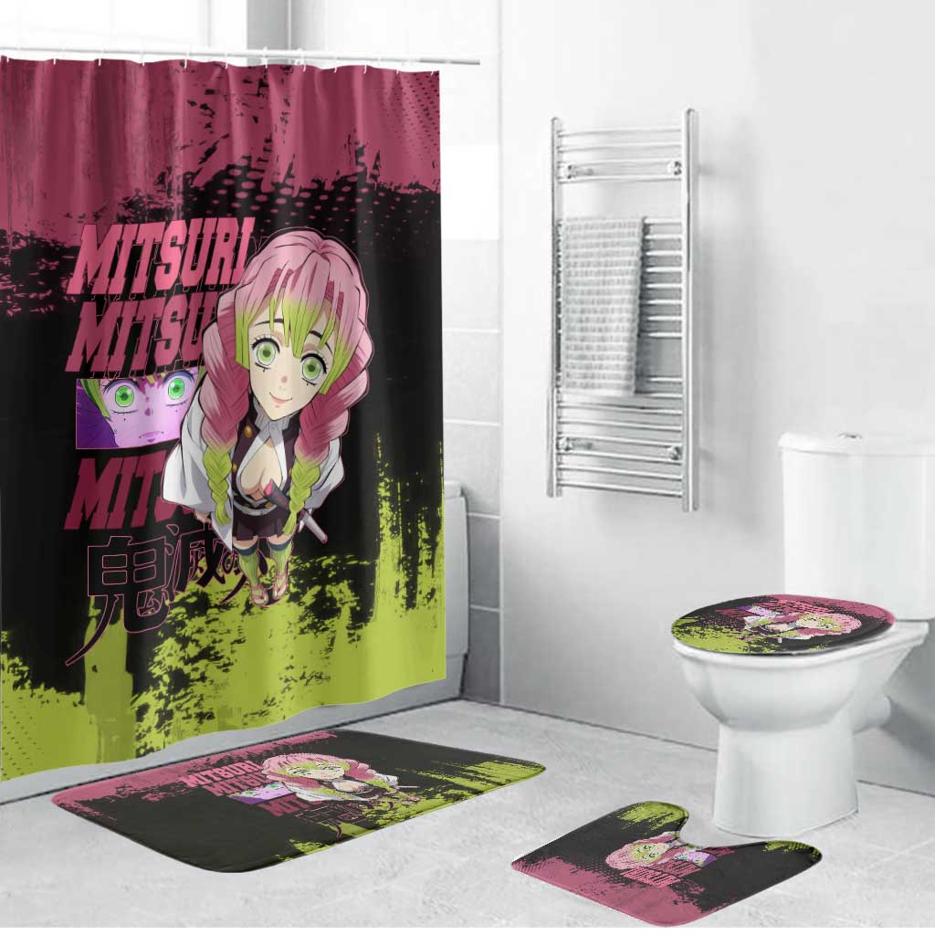 Mitsuri Kanroji Demon Slayer Pink and Green Grunge Design Bathroom Set with Heart Eyes and Playful Pose - The Mazicc