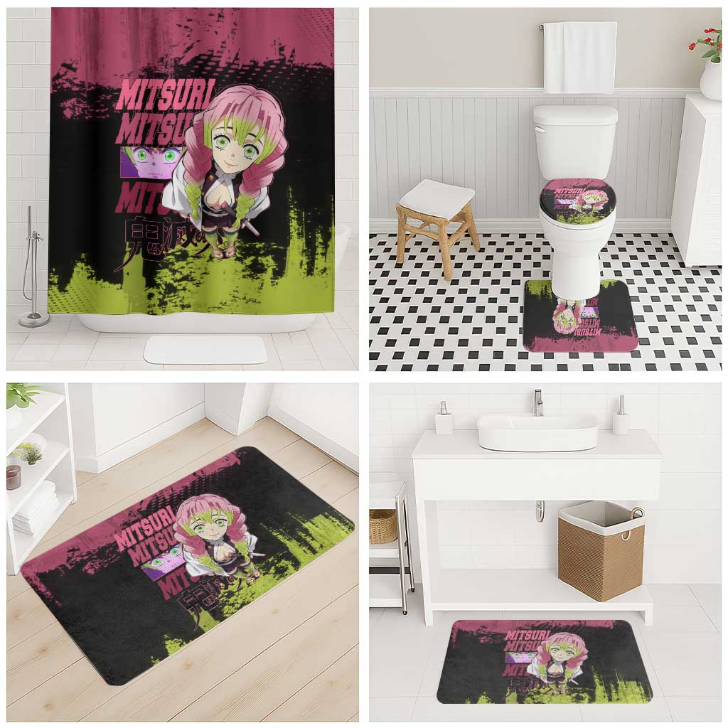Mitsuri Kanroji Demon Slayer Pink and Green Grunge Design Bathroom Set with Heart Eyes and Playful Pose - The Mazicc