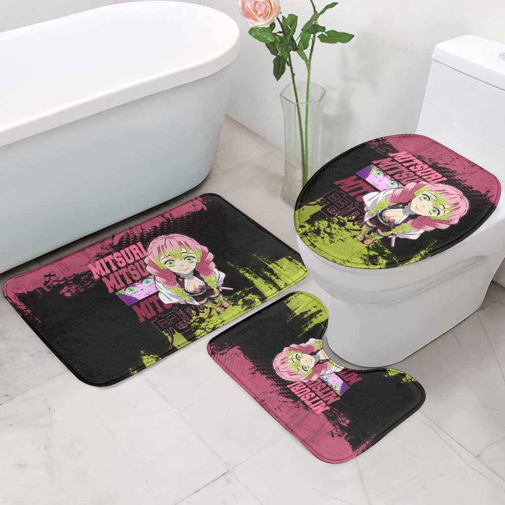 Mitsuri Kanroji Demon Slayer Pink and Green Grunge Design Bathroom Set with Heart Eyes and Playful Pose - The Mazicc