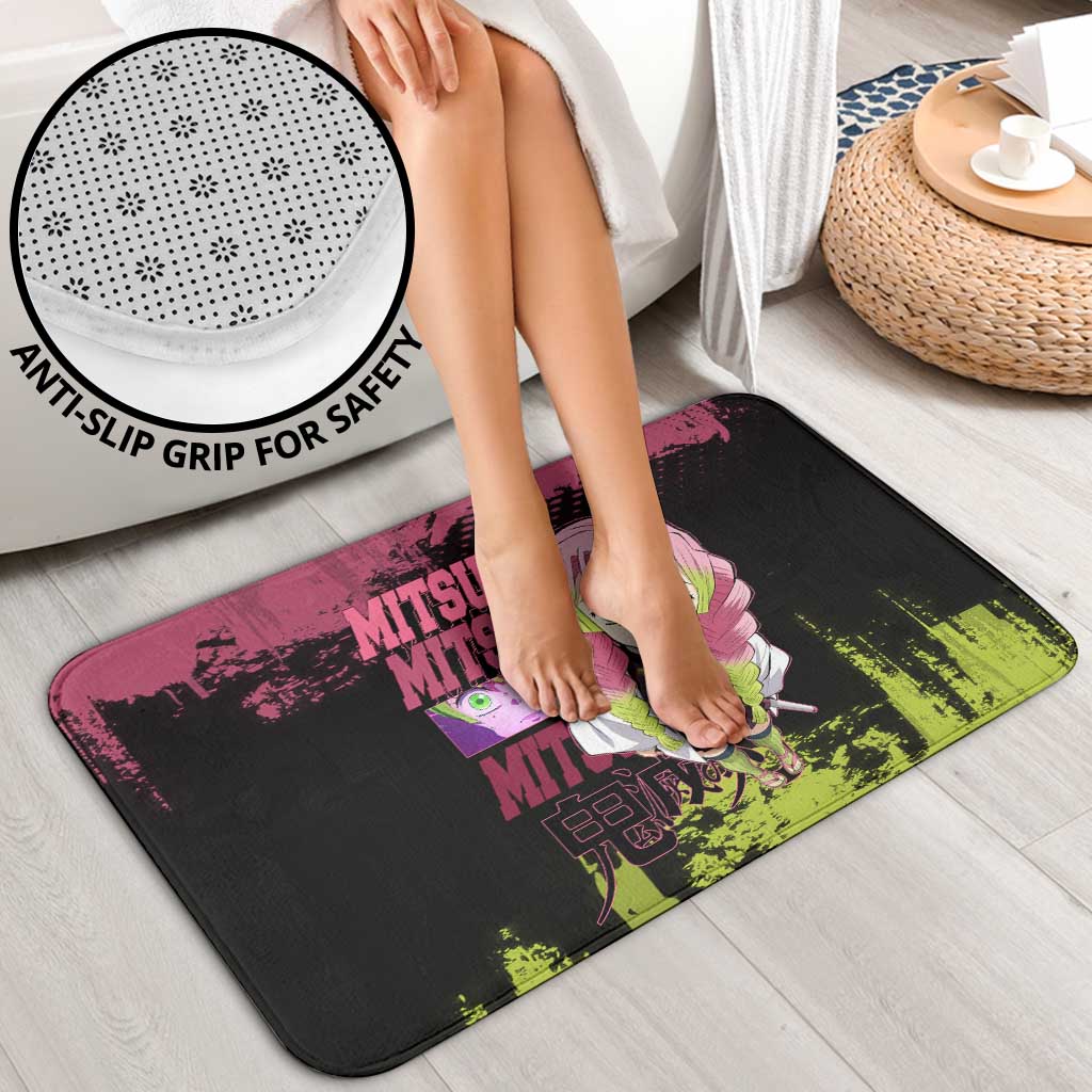 Mitsuri Kanroji Demon Slayer Pink and Green Grunge Design Bathroom Set with Heart Eyes and Playful Pose - The Mazicc
