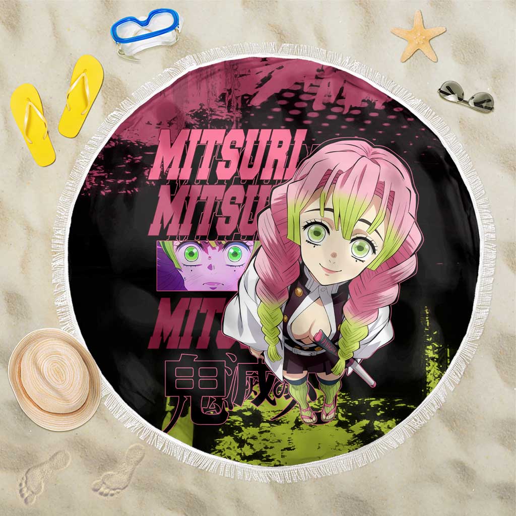 Mitsuri Kanroji Demon Slayer Pink and Green Grunge Design Beach Blanket with Heart Eyes and Playful Pose - The Mazicc