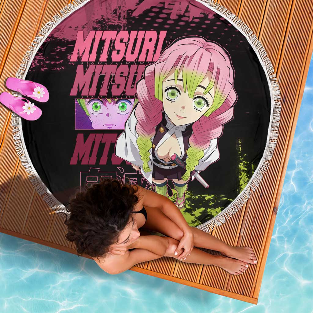 Mitsuri Kanroji Demon Slayer Pink and Green Grunge Design Beach Blanket with Heart Eyes and Playful Pose - The Mazicc