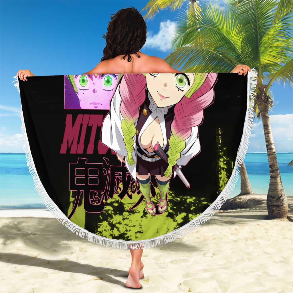 Mitsuri Kanroji Demon Slayer Pink and Green Grunge Design Beach Blanket with Heart Eyes and Playful Pose - The Mazicc