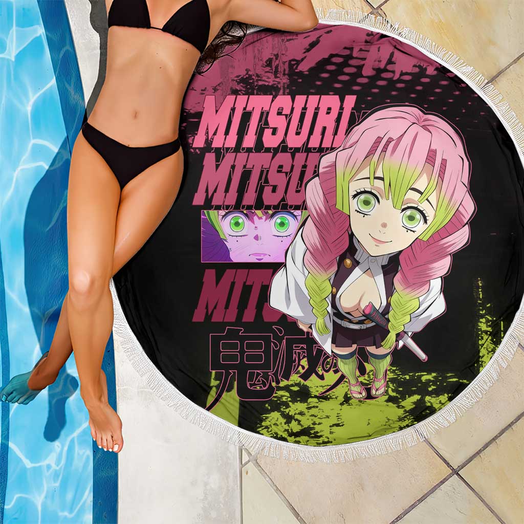 Mitsuri Kanroji Demon Slayer Pink and Green Grunge Design Beach Blanket with Heart Eyes and Playful Pose - The Mazicc