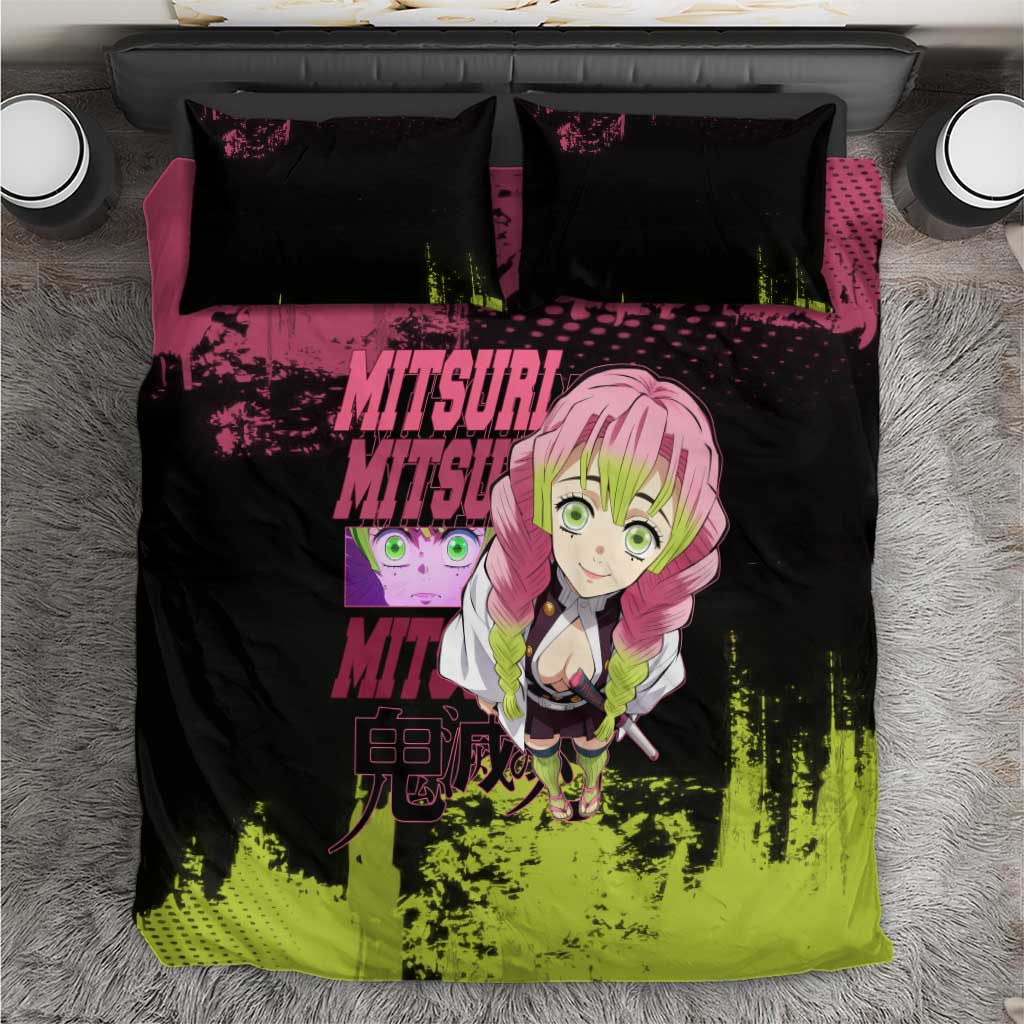 Mitsuri Kanroji Demon Slayer Pink and Green Grunge Design Bedding Set with Heart Eyes and Playful Pose - The Mazicc