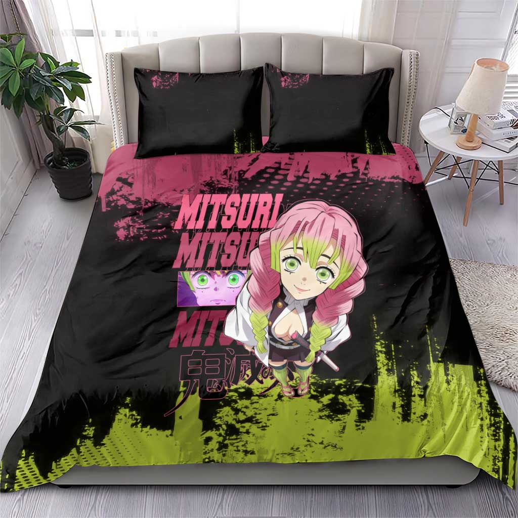 Mitsuri Kanroji Demon Slayer Pink and Green Grunge Design Bedding Set with Heart Eyes and Playful Pose - The Mazicc
