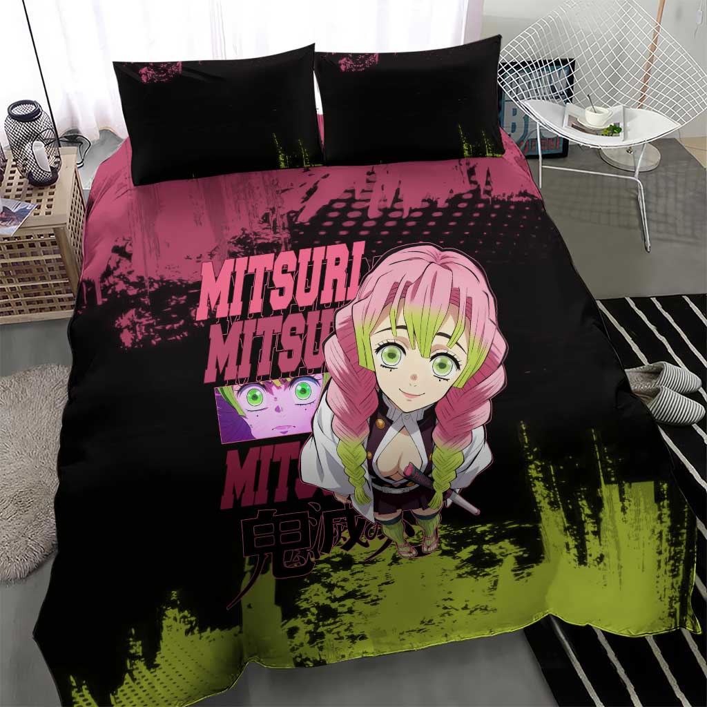 Mitsuri Kanroji Demon Slayer Pink and Green Grunge Design Bedding Set with Heart Eyes and Playful Pose - The Mazicc