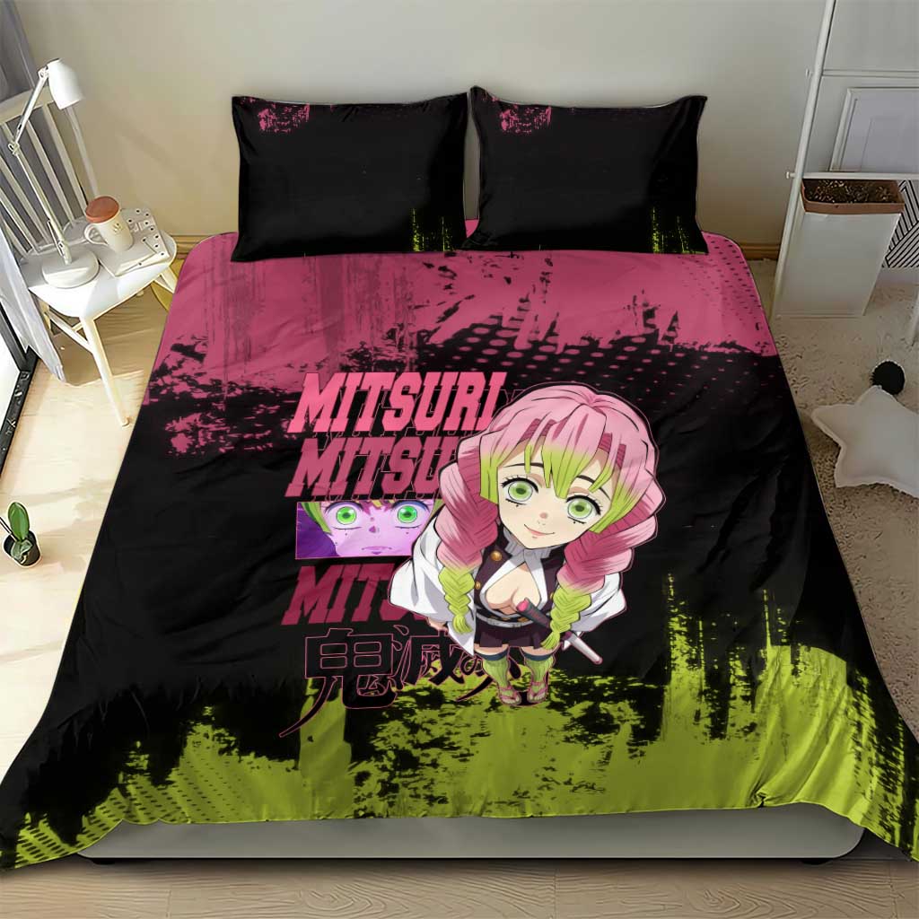 Mitsuri Kanroji Demon Slayer Pink and Green Grunge Design Bedding Set with Heart Eyes and Playful Pose - The Mazicc