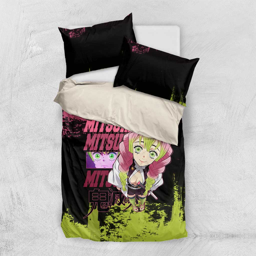 Mitsuri Kanroji Demon Slayer Pink and Green Grunge Design Bedding Set with Heart Eyes and Playful Pose - The Mazicc