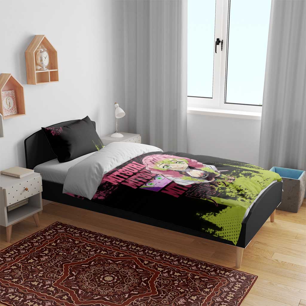 Mitsuri Kanroji Demon Slayer Pink and Green Grunge Design Bedding Set with Heart Eyes and Playful Pose - The Mazicc