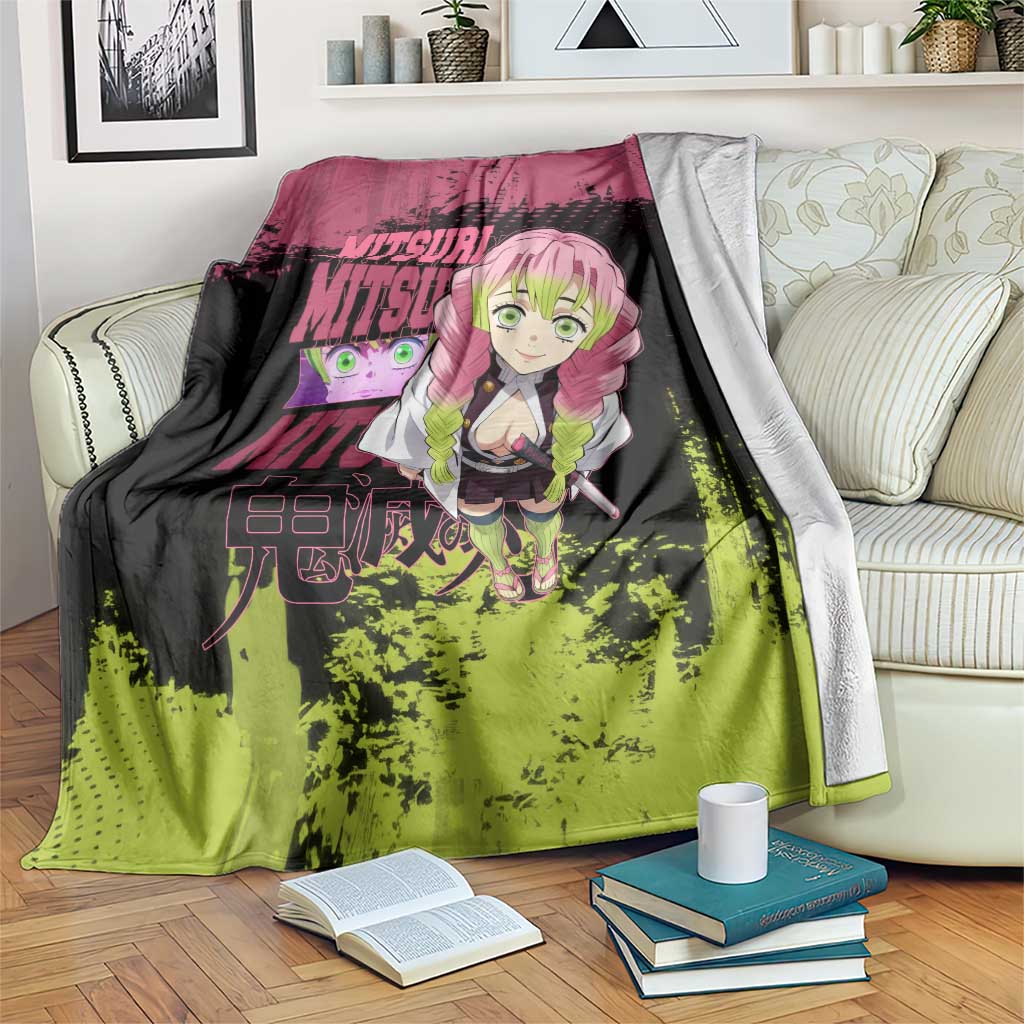 Mitsuri Kanroji Demon Slayer Pink and Green Grunge Design Blanket with Heart Eyes and Playful Pose - The Mazicc