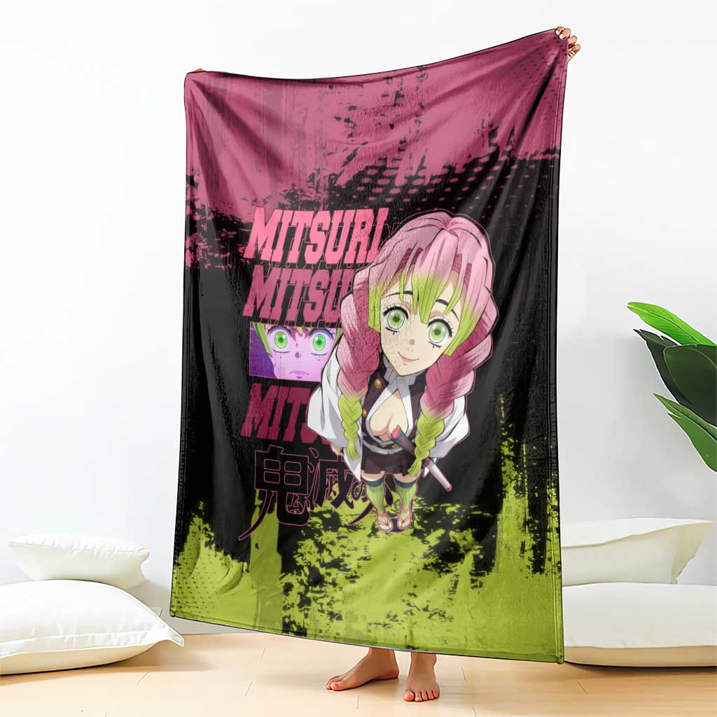 Mitsuri Kanroji Demon Slayer Pink and Green Grunge Design Blanket with Heart Eyes and Playful Pose - The Mazicc