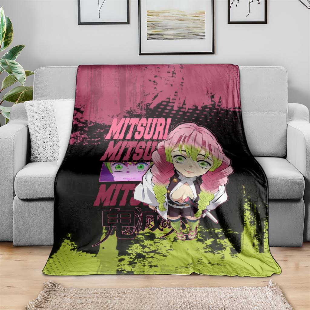 Mitsuri Kanroji Demon Slayer Pink and Green Grunge Design Blanket with Heart Eyes and Playful Pose - The Mazicc