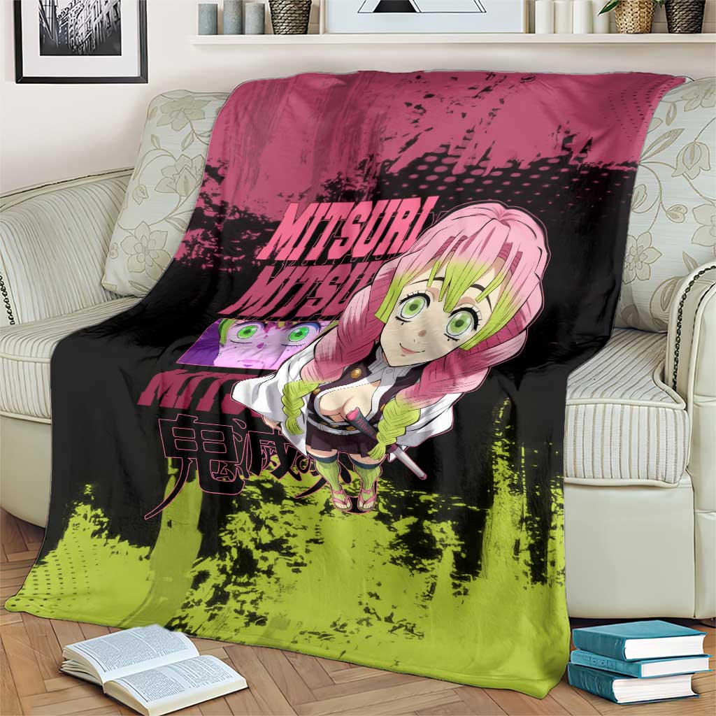 Mitsuri Kanroji Demon Slayer Pink and Green Grunge Design Blanket with Heart Eyes and Playful Pose - The Mazicc
