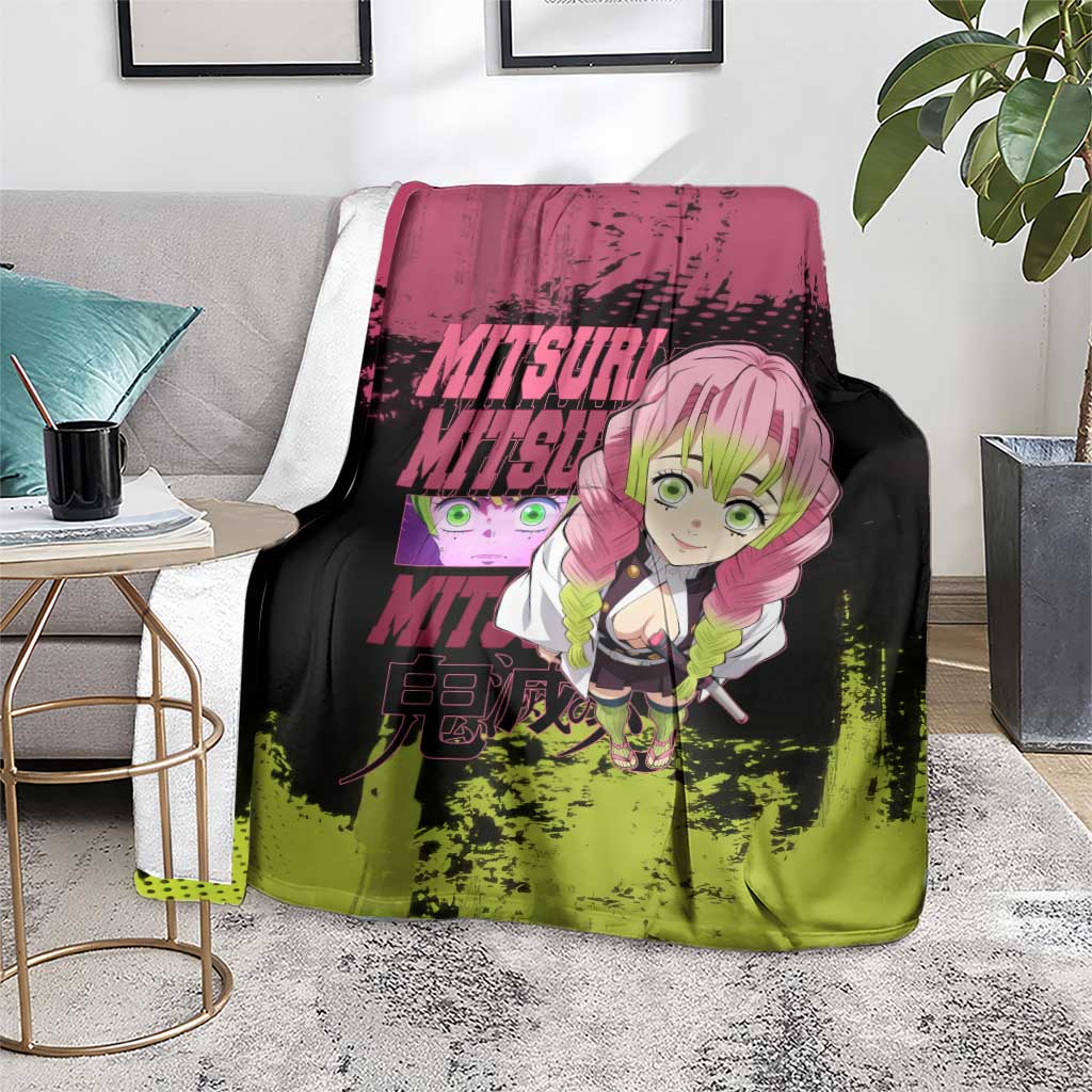 Mitsuri Kanroji Demon Slayer Pink and Green Grunge Design Blanket with Heart Eyes and Playful Pose - The Mazicc