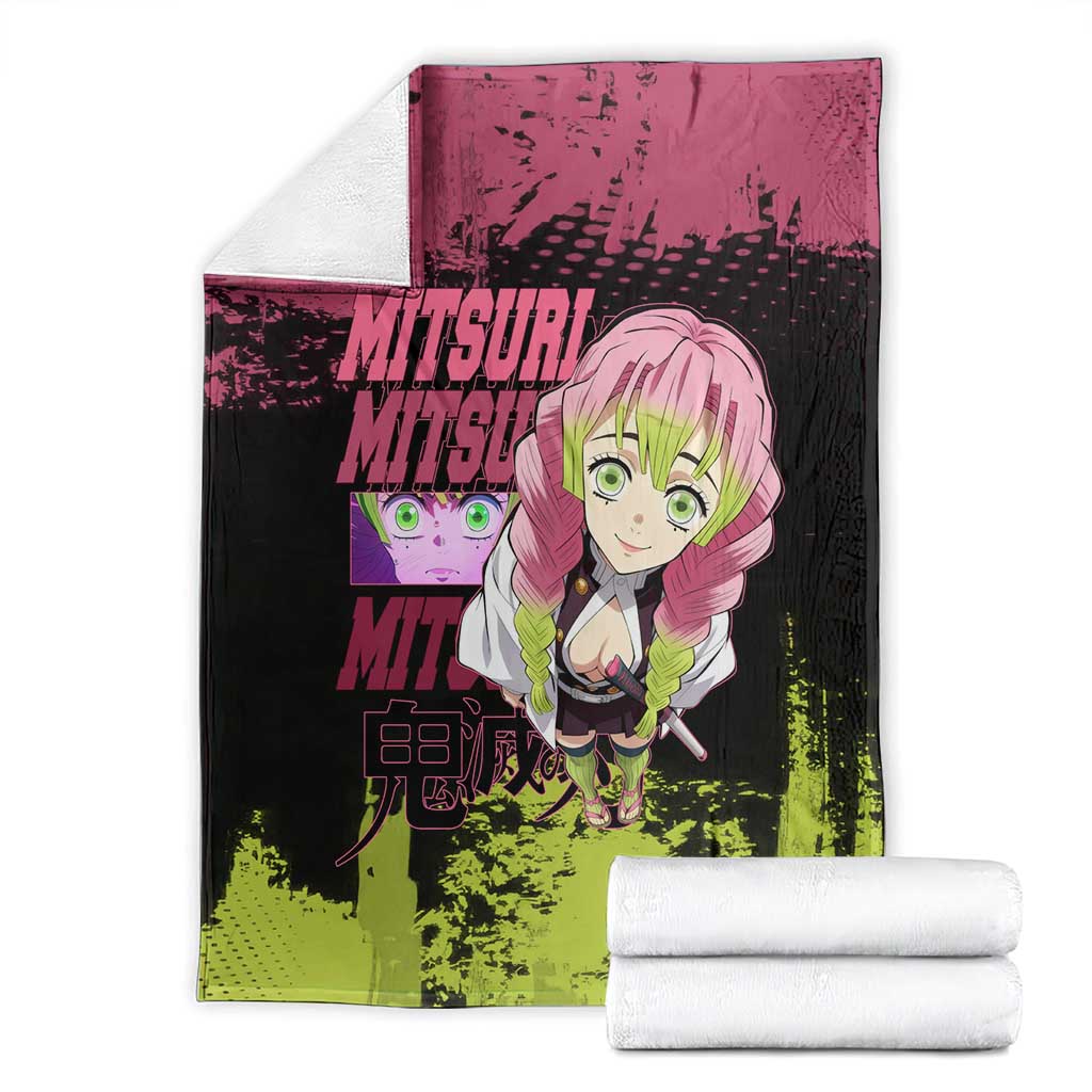 Mitsuri Kanroji Demon Slayer Pink and Green Grunge Design Blanket with Heart Eyes and Playful Pose - The Mazicc