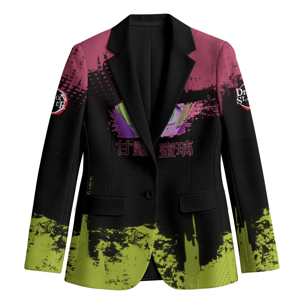 Mitsuri Kanroji Demon Slayer Pink and Green Grunge Design Blazer with Heart Eyes and Playful Pose - The Mazicc